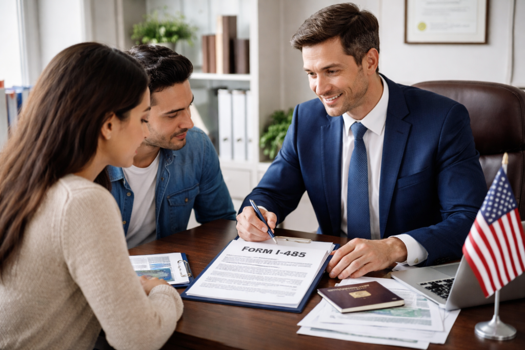 Adjustment of Status lawyer reviewing Form I-485 with clients in an immigration law office