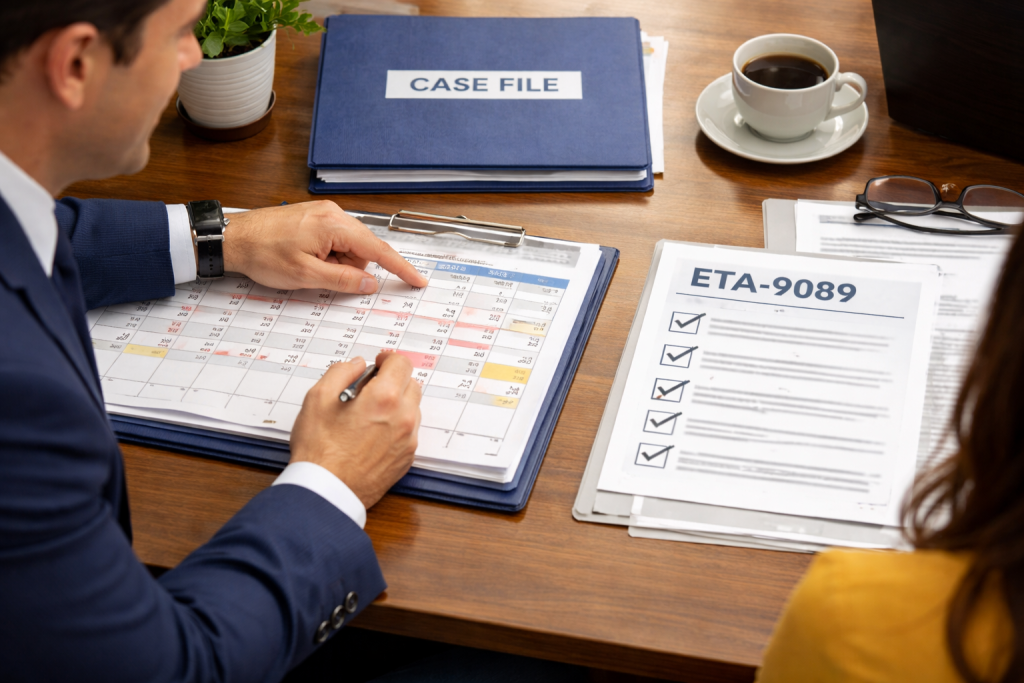 PERM lawyer reviewing I-140 next steps with a client