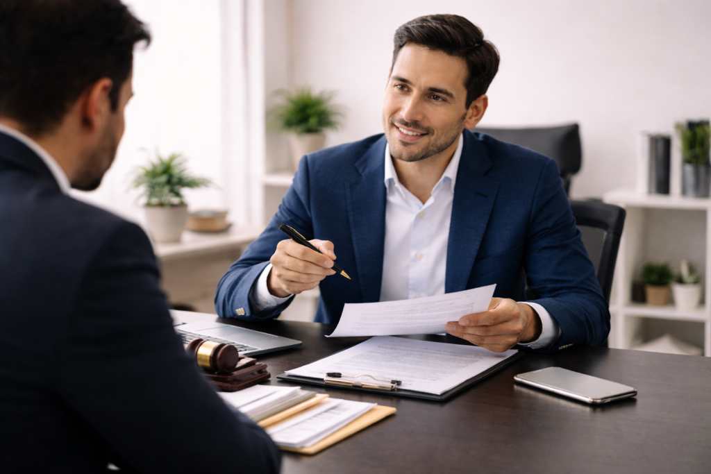DS-5535 lawyer speaking with a client and reviewing visa paperwork