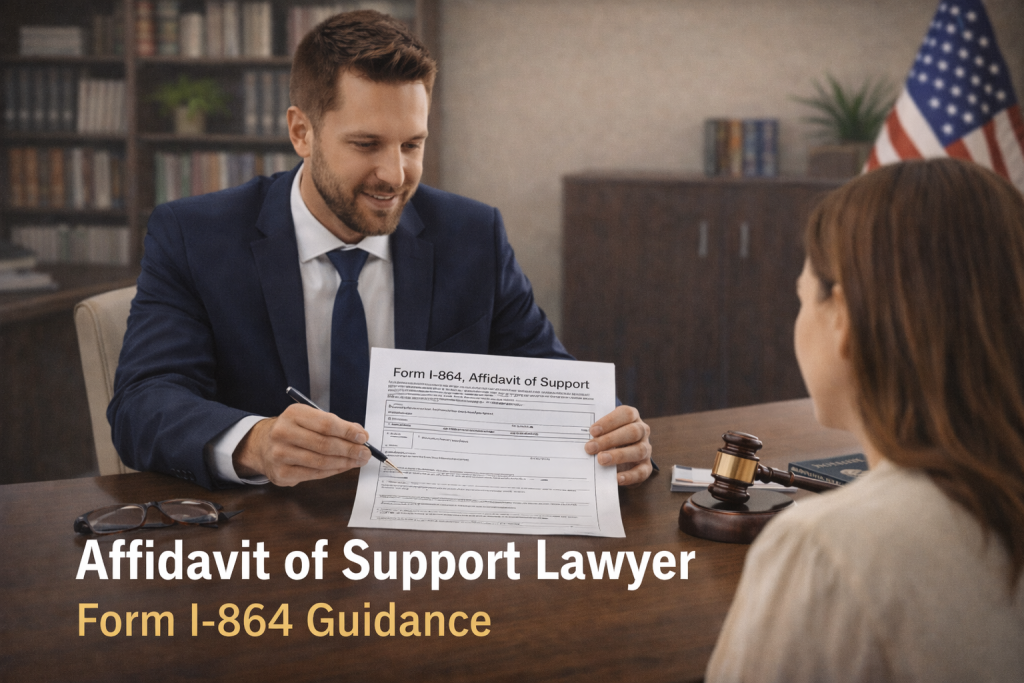 Affidavit of Support Lawyer reviewing Form I-864 with a client in an office setting