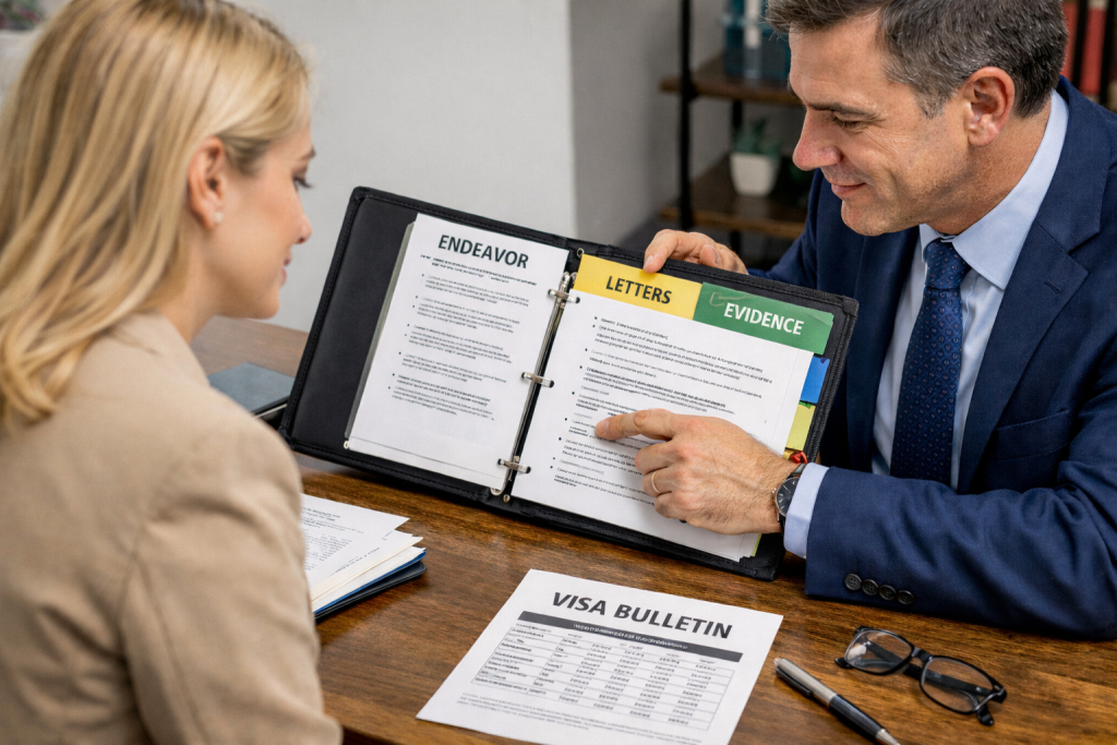 EB-2 NIW lawyer reviewing a national interest waiver evidence binder with a client