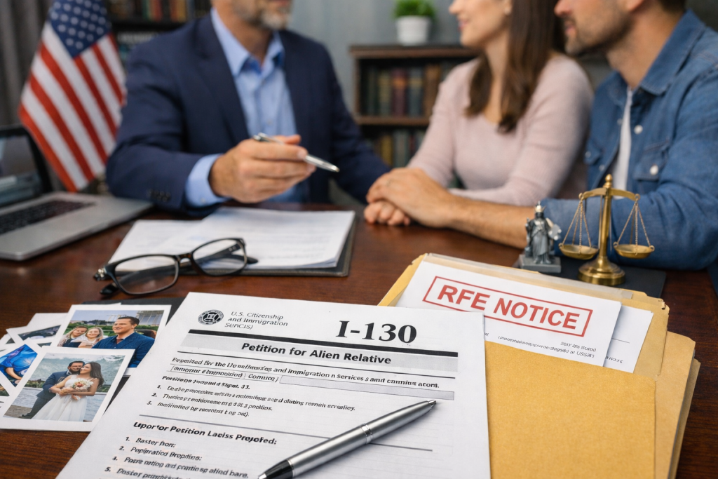 Immigration lawyer reviewing an I-130 marriage petition with a couple at a desk, with supporting relationship photos and an RFE notice in view.