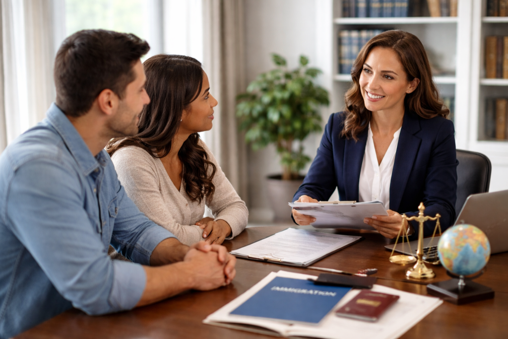 Lawyer consulting with clients about an immigration case in a modern office.