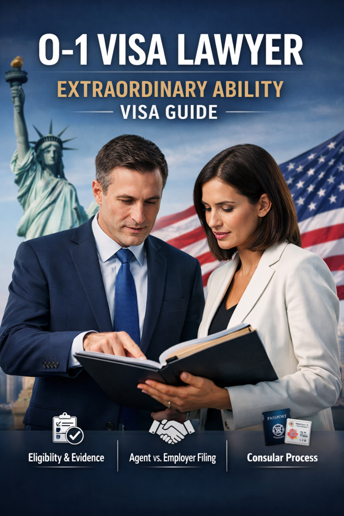 Professional O-1 visa lawyer consultation with client reviewing an extraordinary ability petition file in a law office.