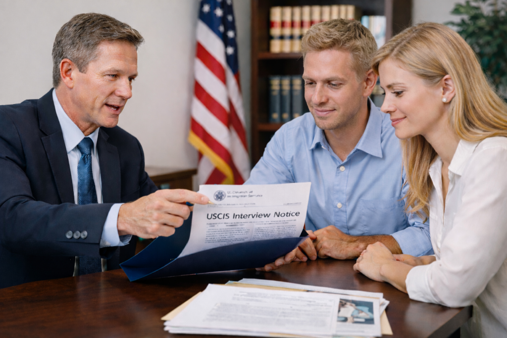 Immigration lawyer preparing a couple for a USCIS green card interview with I-485 documents