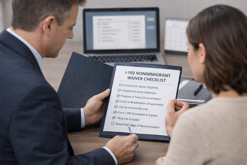 Immigration lawyer and client reviewing an I-192 nonimmigrant waiver case file in a modern office.