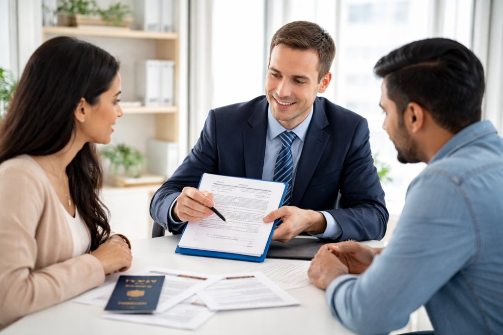 Immigration lawyer reviewing consular processing documents with a couple in a modern office