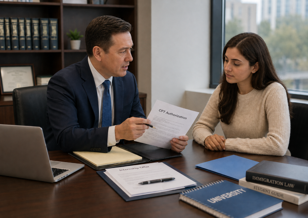 CPT lawyer reviewing F-1 internship work authorization documents with an international student.