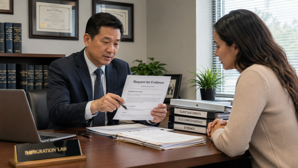 RFE lawyer reviewing a USCIS Request for Evidence with a client