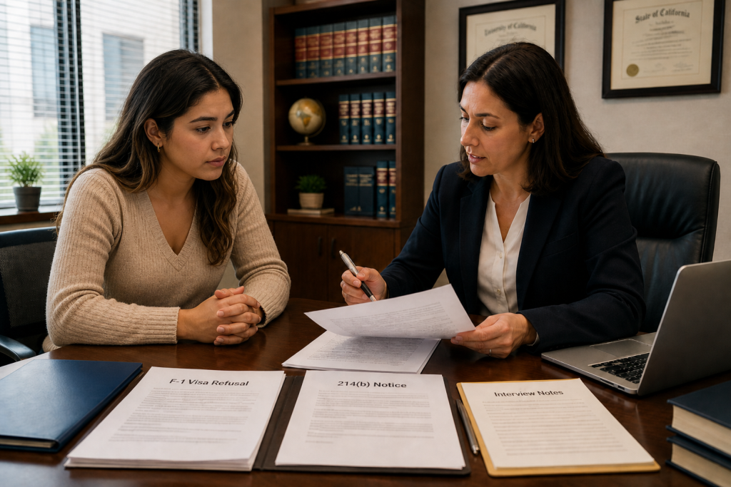 F-1 visa denial lawyer reviewing a 214(b) notice and student visa refusal documents with a concerned female student.