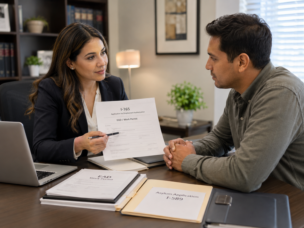Asylum work permit lawyer reviewing Form I-765 and EAD documents with an asylum applicant.