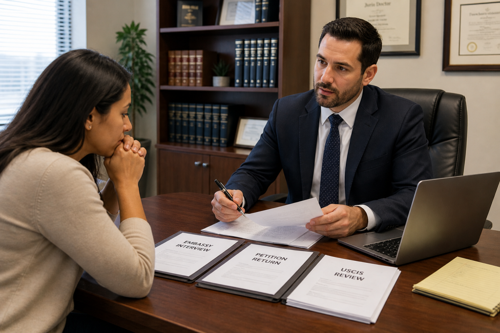 Consular return lawyer reviewing embassy interview and USCIS petition return documents with a concerned client.