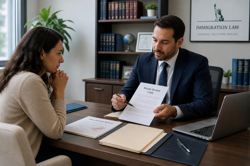 Misrepresentation waiver lawyer reviewing a visa denial notice and I-601 waiver options with a concerned client.