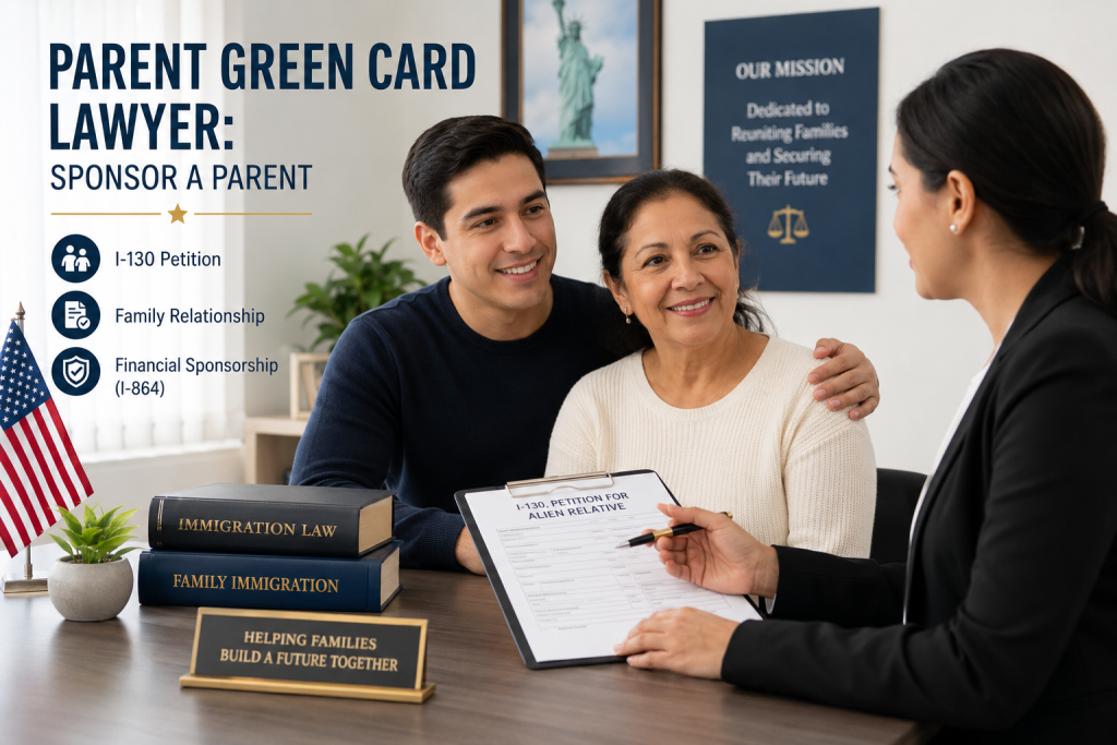 Parent green card lawyer reviewing I-130 petition documents with a U.S. citizen and parent during a family immigration consultation.