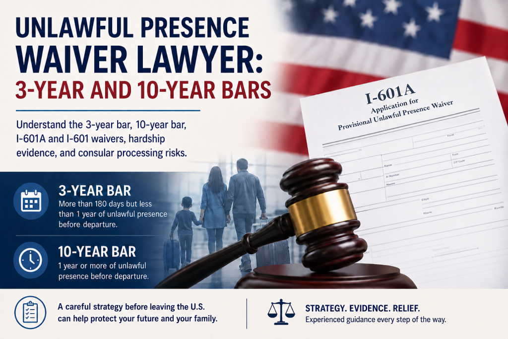 Unlawful presence waiver lawyer explaining the 3-year and 10-year bars for an I-601A waiver case.